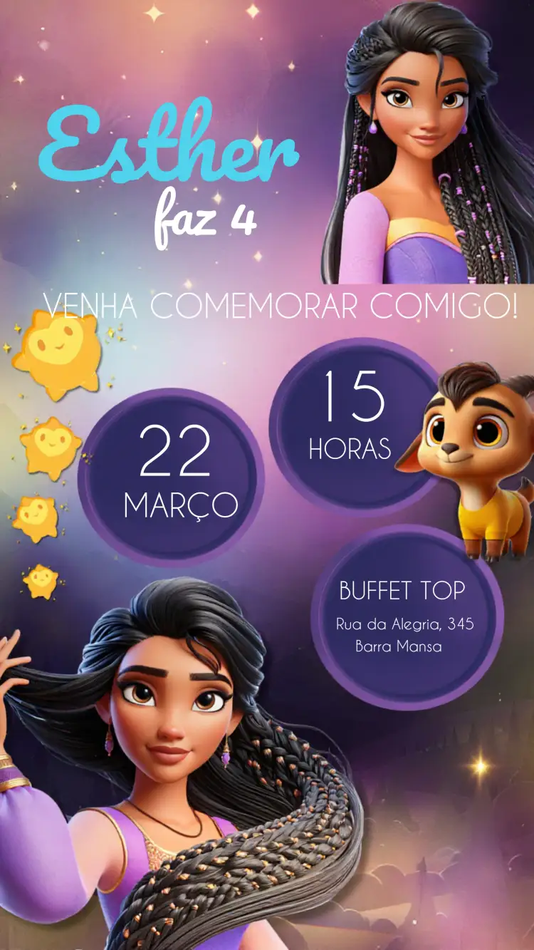 Convite Wish: O Poder Dos Desejos Infantil – tema Datas Comemorativas lilás, mágico, infantil, divertido, colorido, fantasia