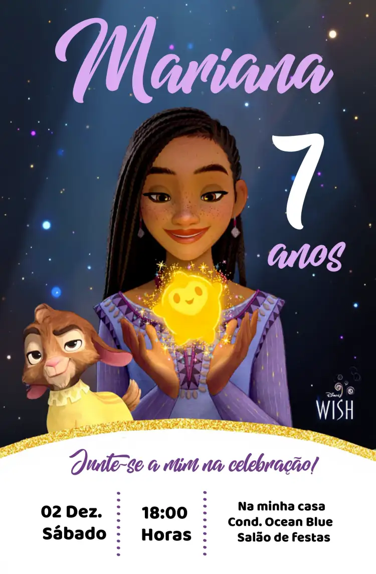 Convite Wish O Poder Dos Desejos Asha Disney – tema Datas Comemorativas mágico, colorido, infantil, temático, divertido