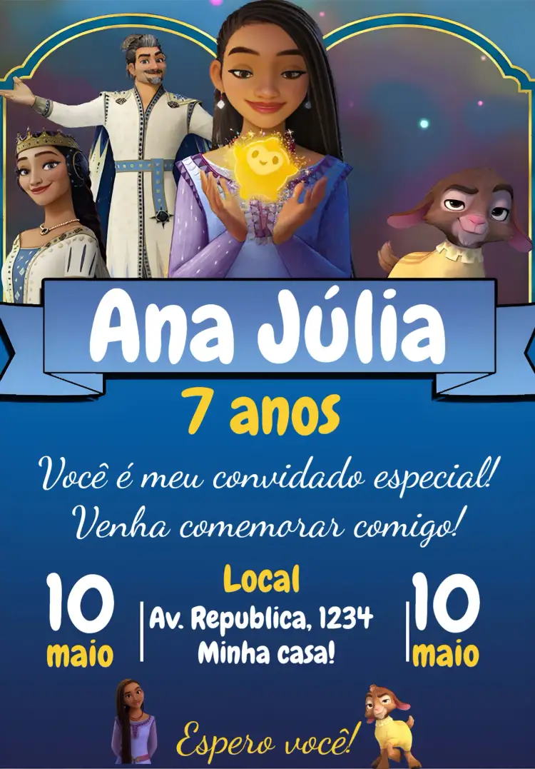 Convite Wish O Poder Dos Desejos Disney – tema Datas Comemorativas colorido, divertido, fantasia, infantil, mágico, ilustrações da Disney
