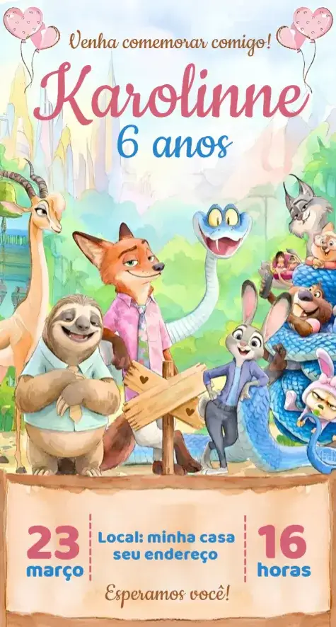 Convite Zootopia 1 – tema Aniversário colorido, lúdico, divertido, moderno, infantil