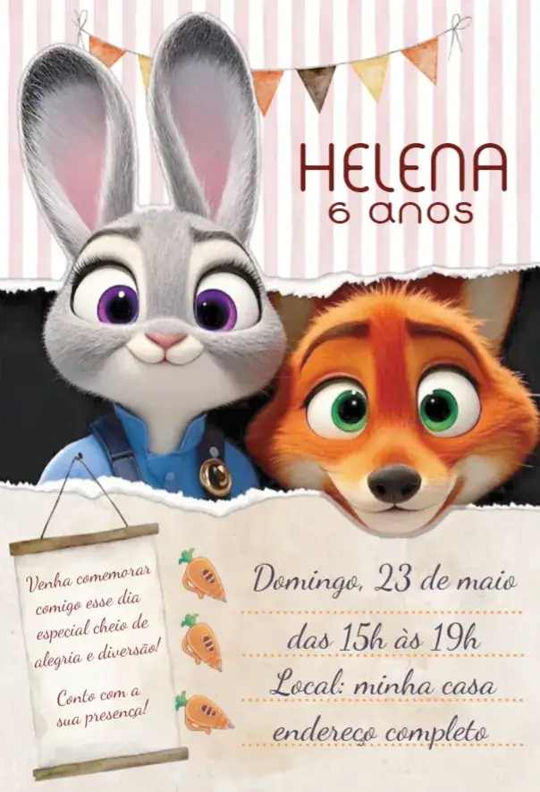 Convite Zootopia 2 – tema Aniversário colorido, divertido, animais, aventura, infantil, ilustrações