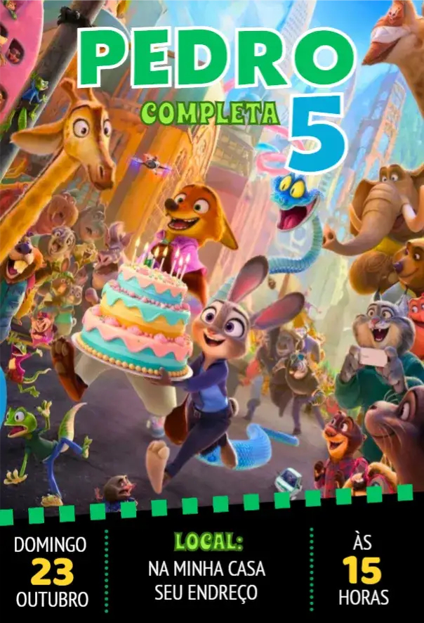 Convite Zootopia 3 – tema Aniversário colorido, lúdico, animado, moderno, temático