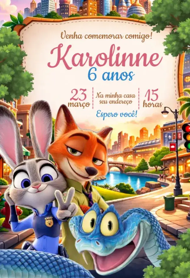 Invitación Zootopia 4 – tema Cumpleaños colorido, divertido, animado, jovial, temático
