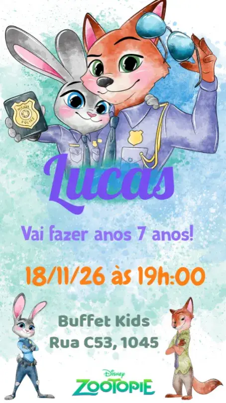 Invitation Zootopie Aquarela – Aniversário Infantil theme aquarela, animais, cores vibrantes, ilustrações divertidas, estilo lúdico, festa temática