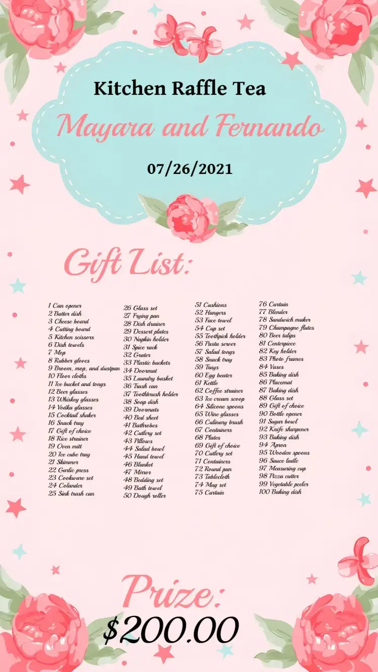 Home Raffle List Floral Flowers Kitchen Raffle Tea - Bridal Shower | Convitede
